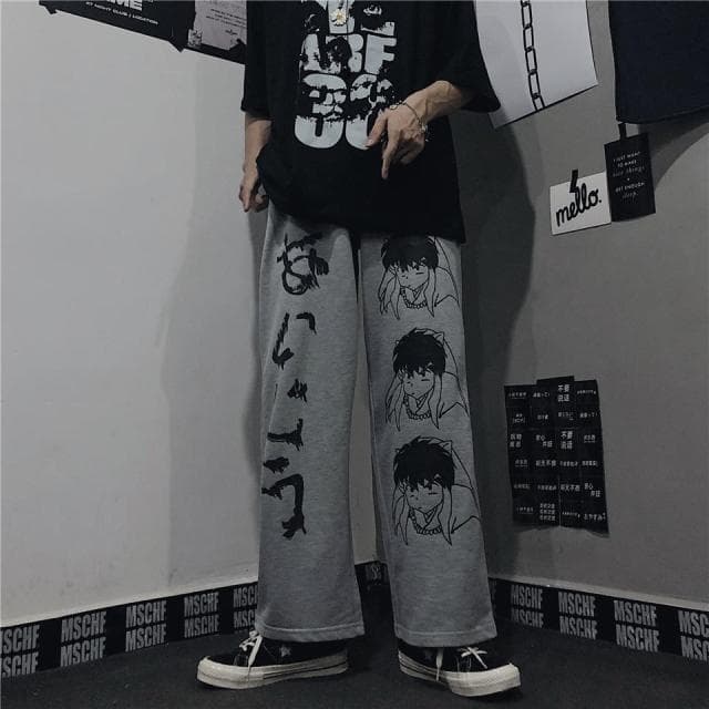 Japanese Harajuku Anime Print Wide Leg Pants Women Hippie Streetwear Black Sweatpants Korean Style Oversized Trousers M gray