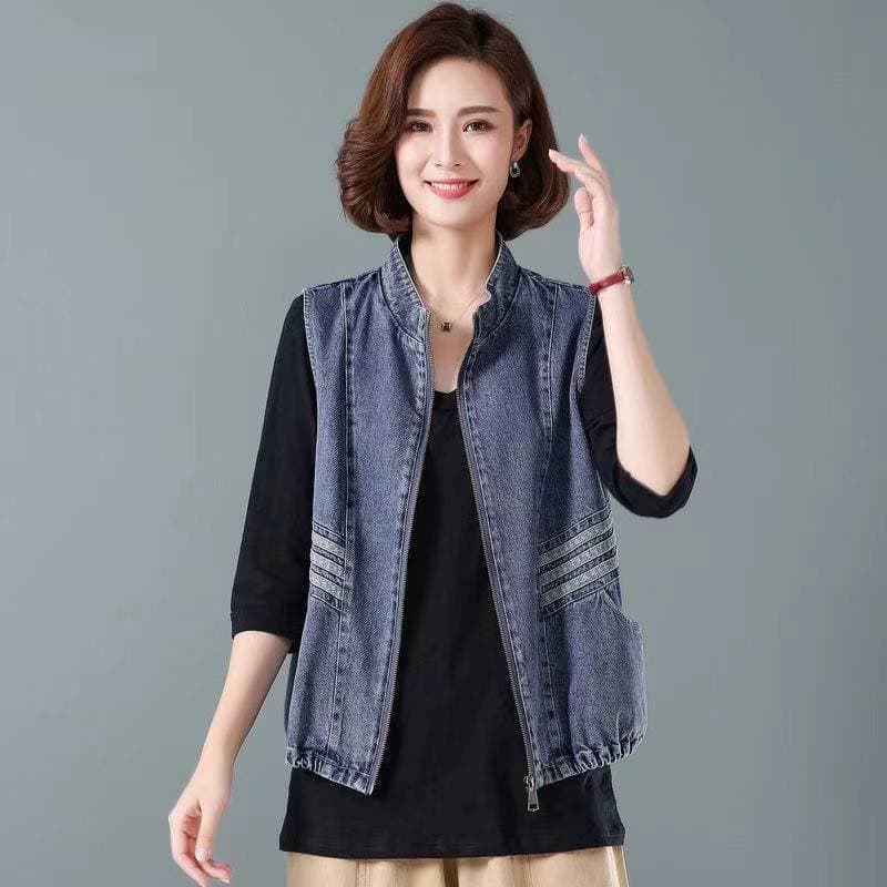 Denim Vest Women Spring Summer Large Pockets Sleeveless Vest Top Loose Jacket XXXL blue