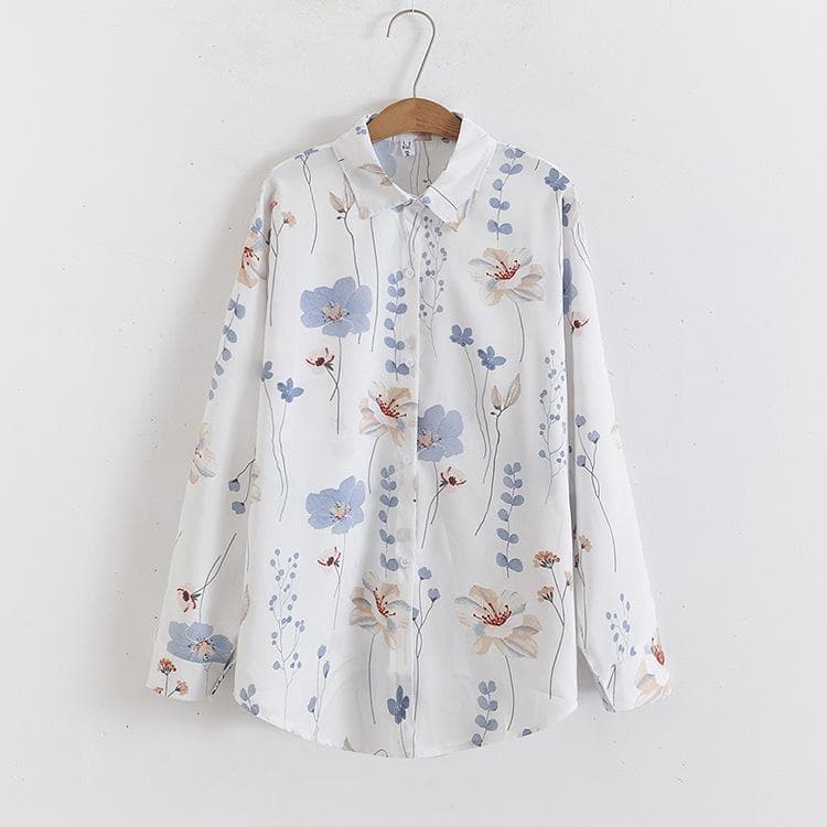 Women's Floral Print Loose Collar Long Sleeved Fashionable Shirt XL white