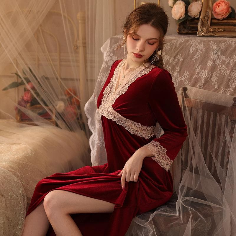 Women Sexy Nightwear V Neck Long Sleeve Nightdress for Ladies Nightgown Velvet Long Dress Nighties Sleepwear Home Clothes Pijama M