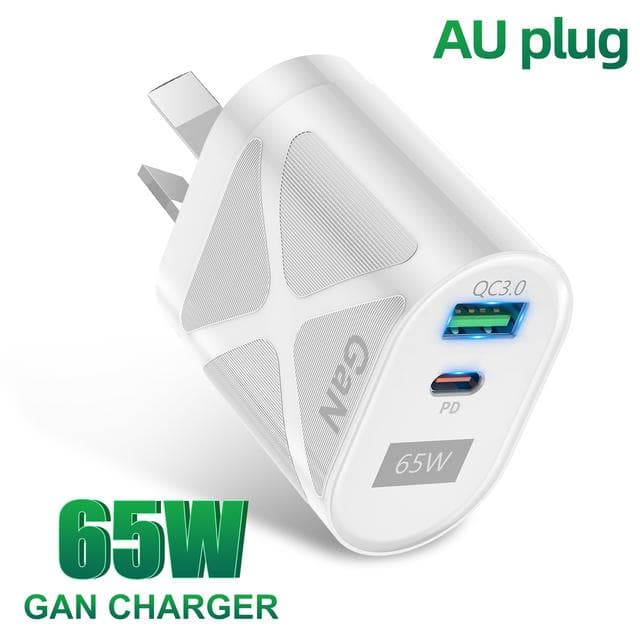 Australian Plug 65W Gan Charger for Australia New Zealand AU Plug PD 33W Fast Charger QC 3.0 USB Adapter for iPhone Sony T4 White AU Plug