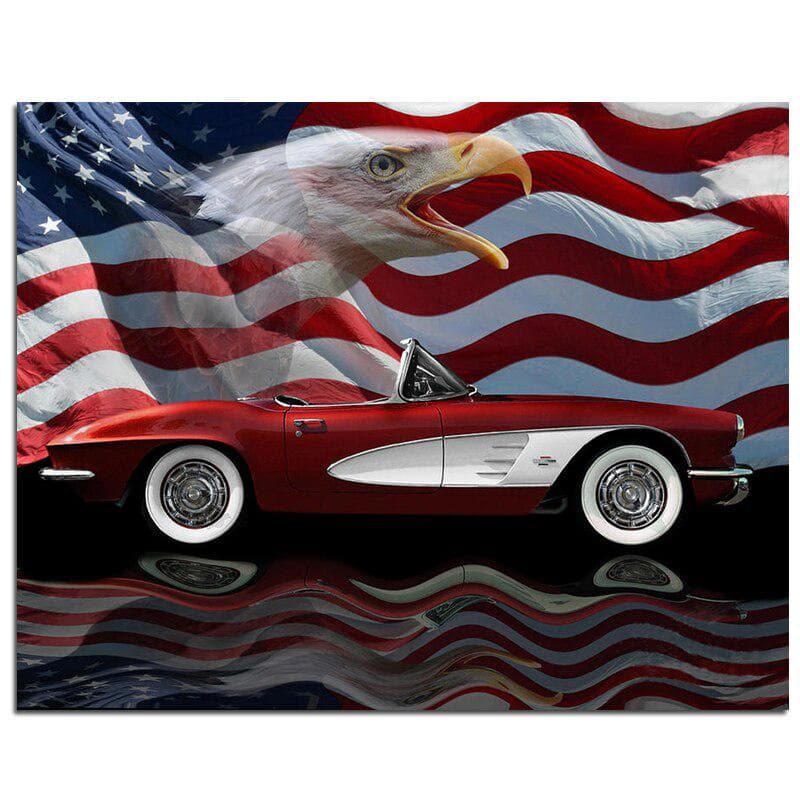5D DIY Diamond Painting America Flag Car Full Round Diamond Embroidery 20X30CM
