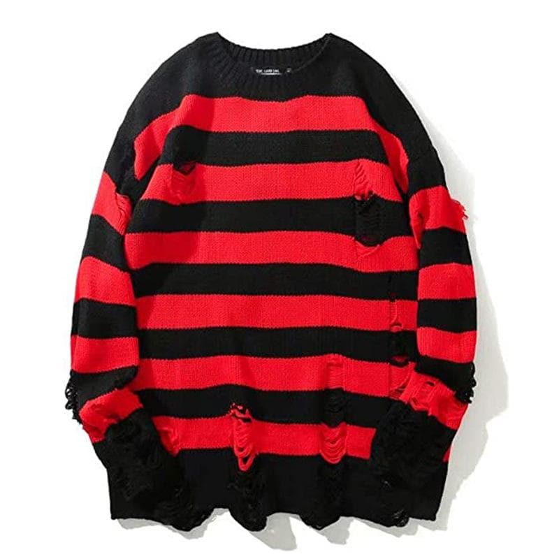 Black Stripe Sweaters Destroyed Ripped Sweater Men Pullover Hole Knit Jumpers Men Oversized Sweatshirt Harajuku Long Sleeve Tops 2XL red black