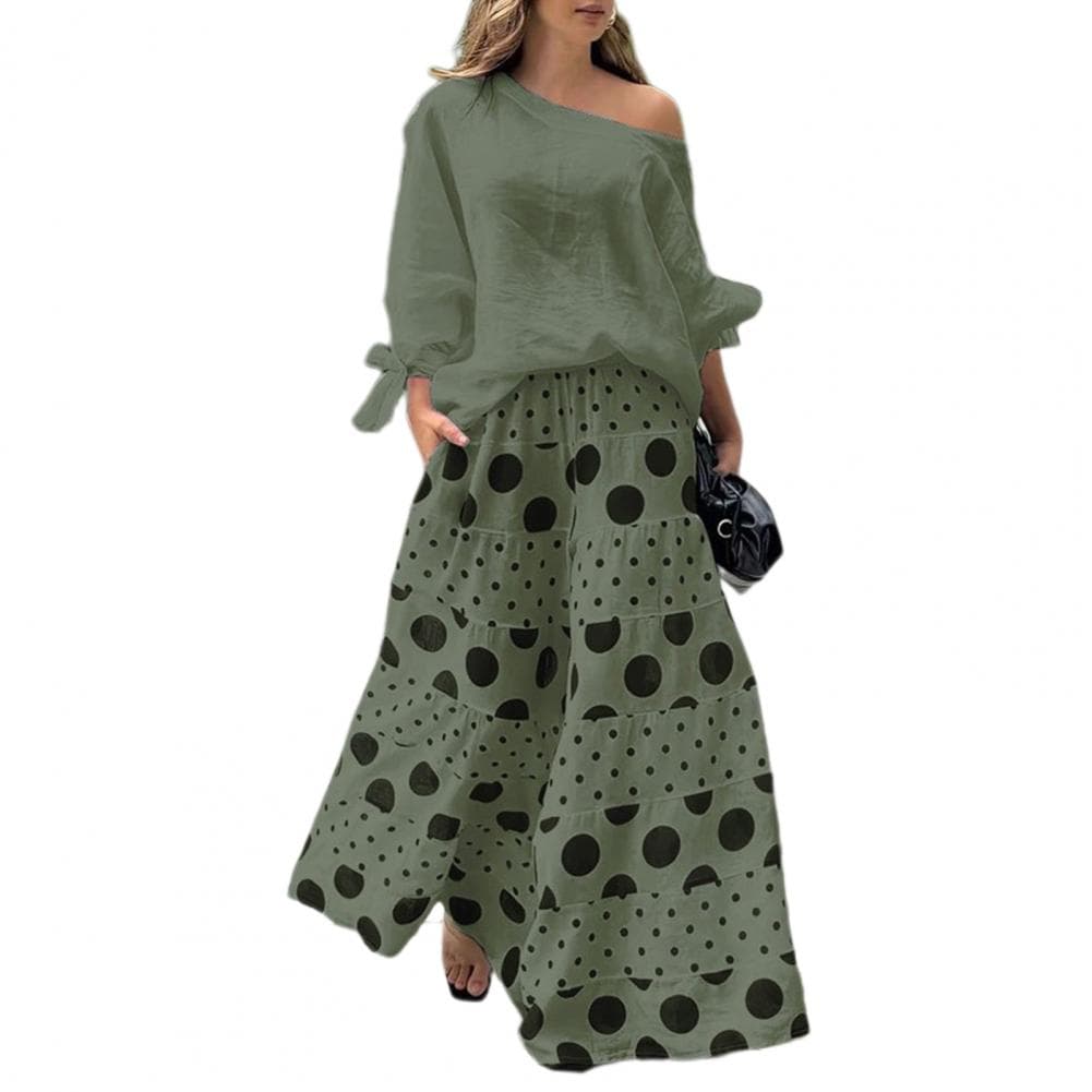 2 Pcs/Set Women T-shirt Pants Set Slant Neck One Shoulder Long Sleeve Bow Cuff Top Loose High Waist Wide Leg Printed Long M green