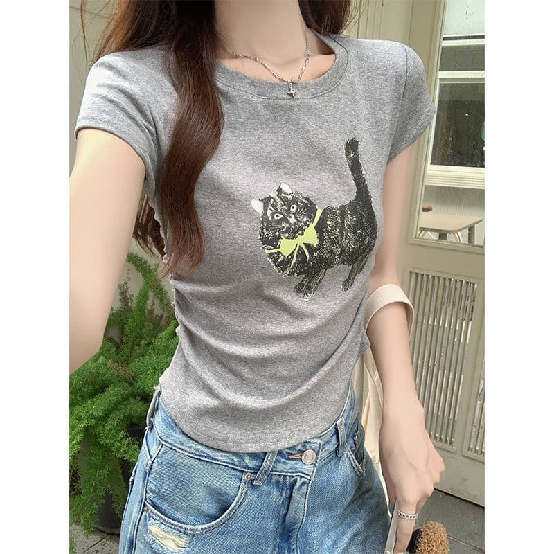 Round Neck Straight Shoulder Slim Bodysuit for Women's Summer New Small Design Printed Short-sleeved T-shirt XL grey