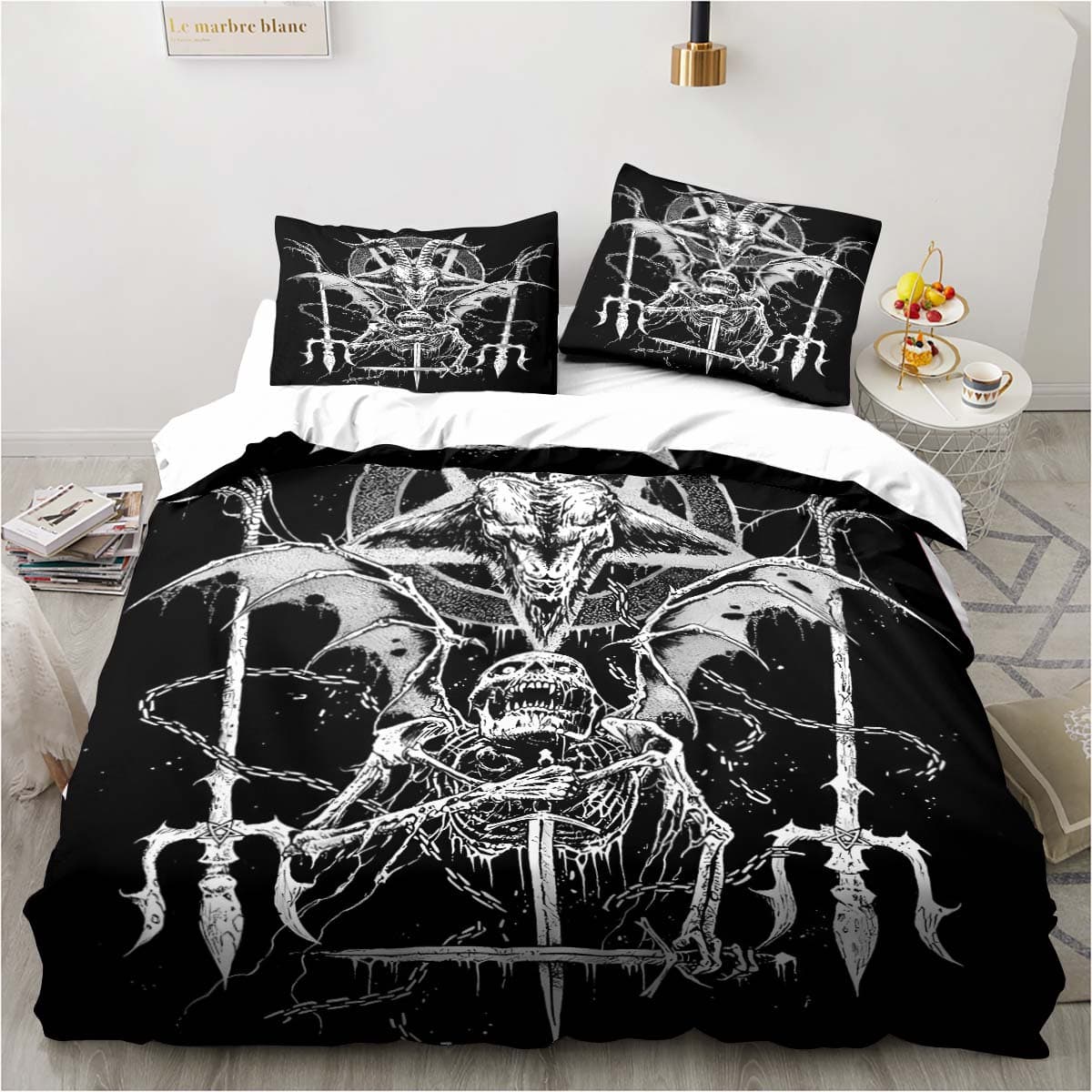 Satanic Bedding Demon Twin Bedding Hell Death Set 3 Piece Comforter Set Bed Duvet Cover Double King Cover Home Textile EU single(135x200cm)