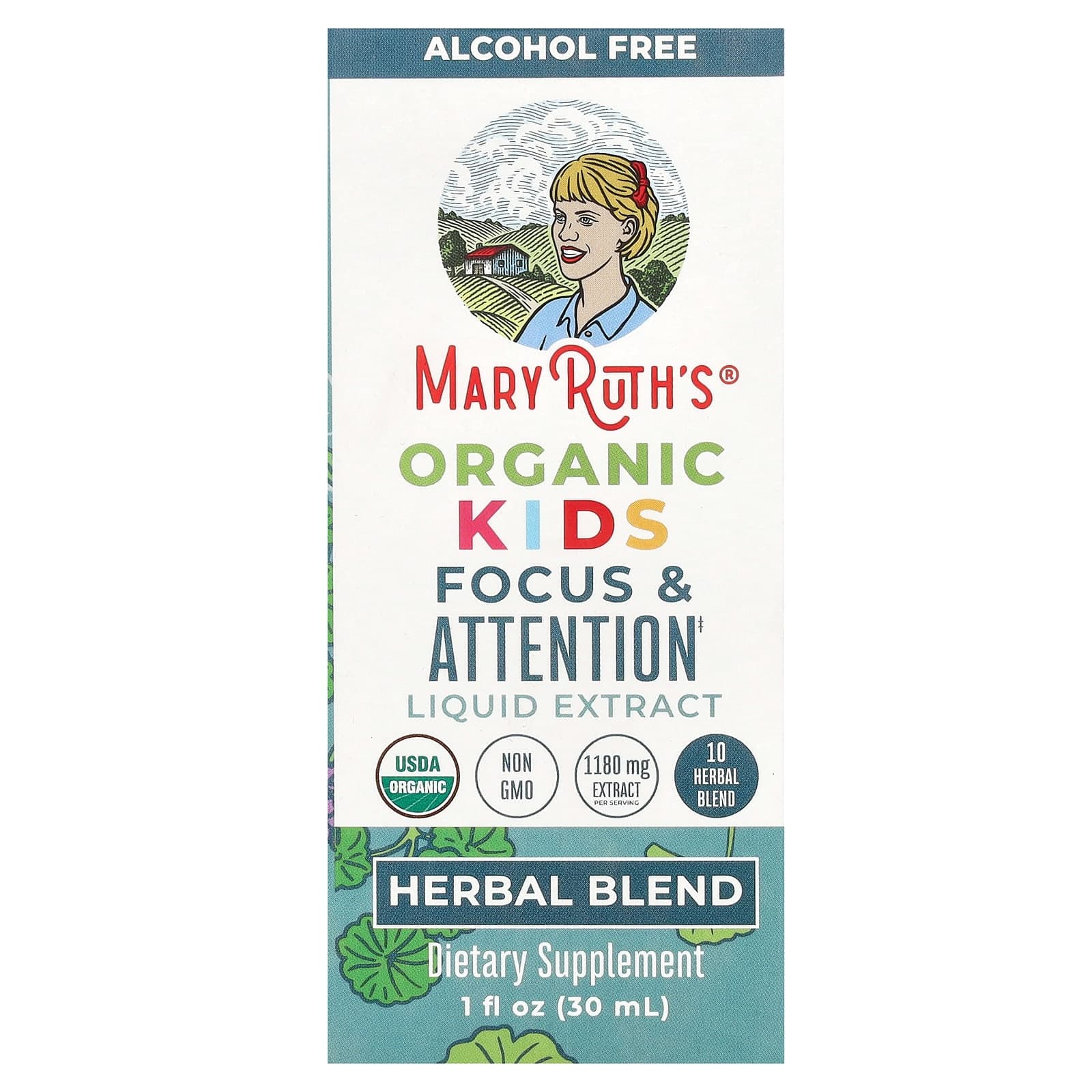 MaryRuth's, Organic Kids, Focus and Attention Liquid Extract, Alcohol-Free, 1,180 mg, 1 fl oz (30 ml)