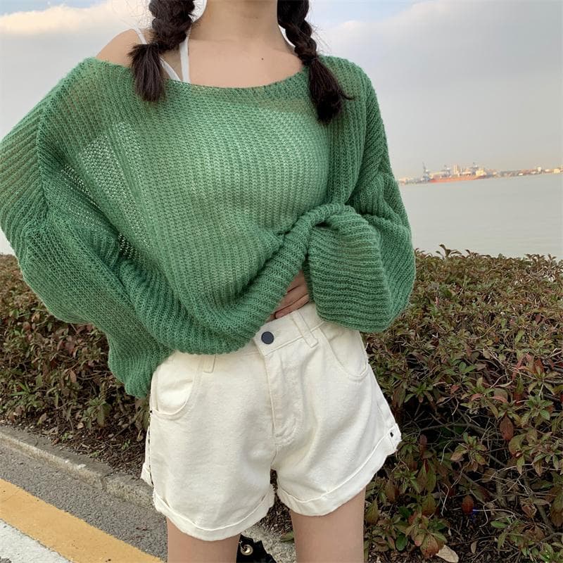 Autumn Thin Round Neck Hollow Out Pullovers Women's Sweaters Fashion Loose Long Sleeve Base Knitted Sweater Woman Casual Winter Knitwear Jumpers 25648 One Size green