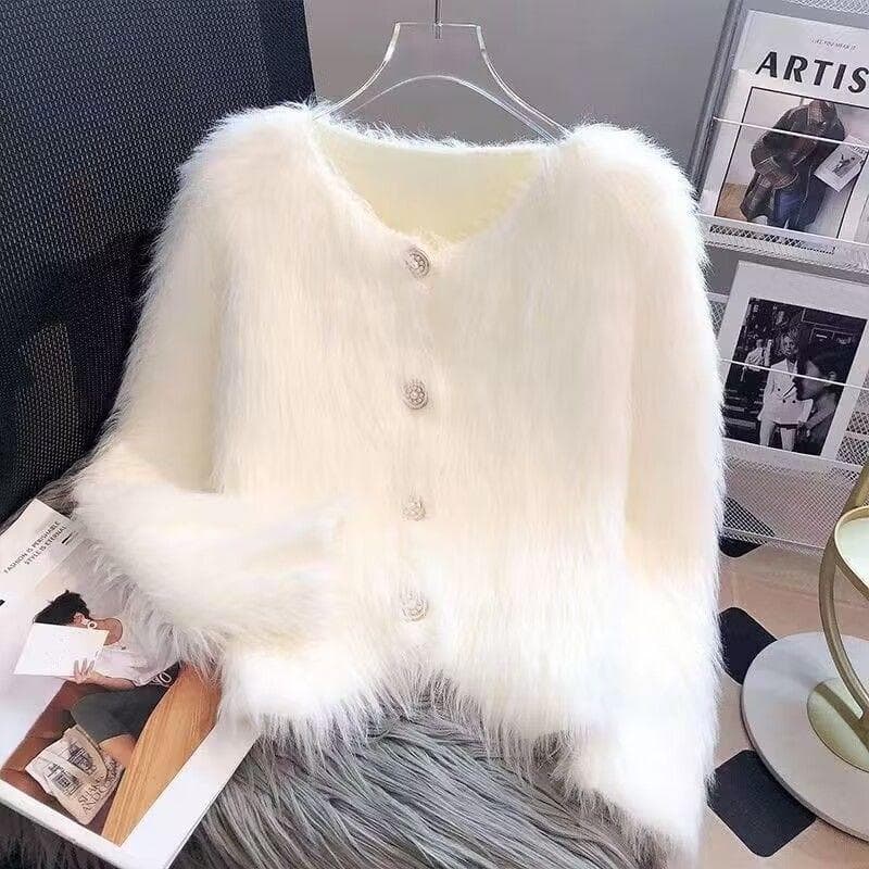 Cashmere knitted cardigan sweater coat women autumn and winter 2023 popular European soft cardigan sweater female One Size white