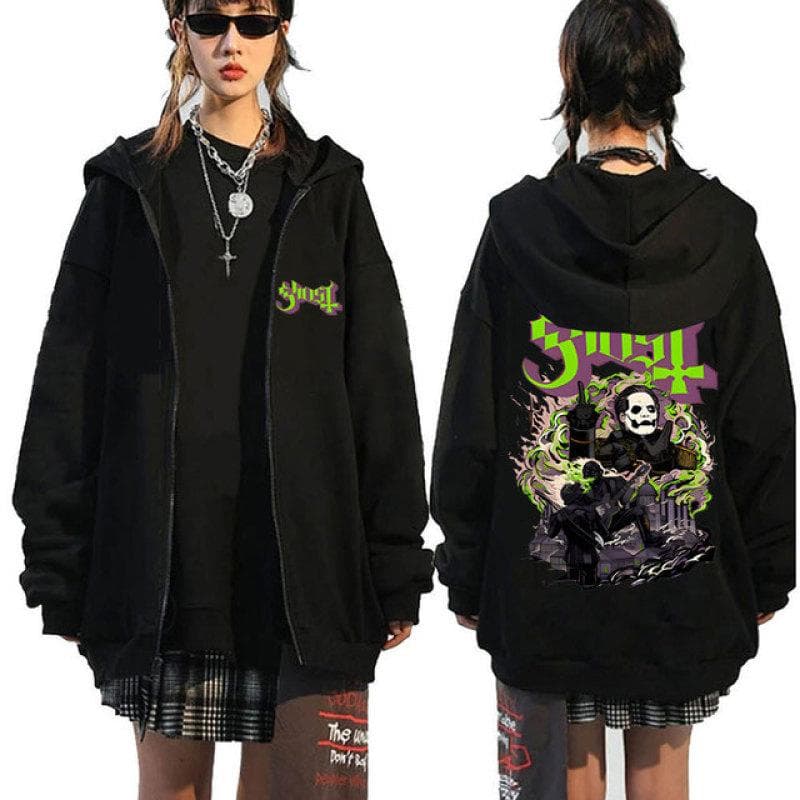 Ghost Band Zipper Hoodie Men Hip Hop Oversized Fashion Cartoon Anime Graphic Print Zip Up Hoodies Male Rock Gothic Sweatshirts S black