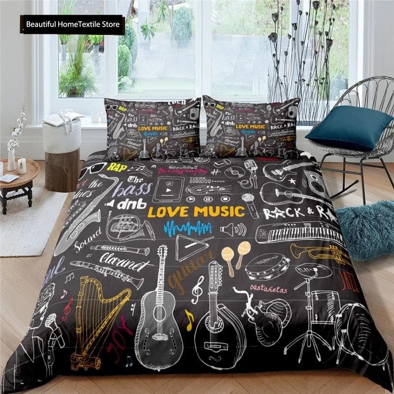 3d Music Notes Guitar Duvet Cover Set For Teens Adults Bedroom Decor Music Bedding Sets Fashion Hip Hop Comforter Cover EU Single 135x200cm
