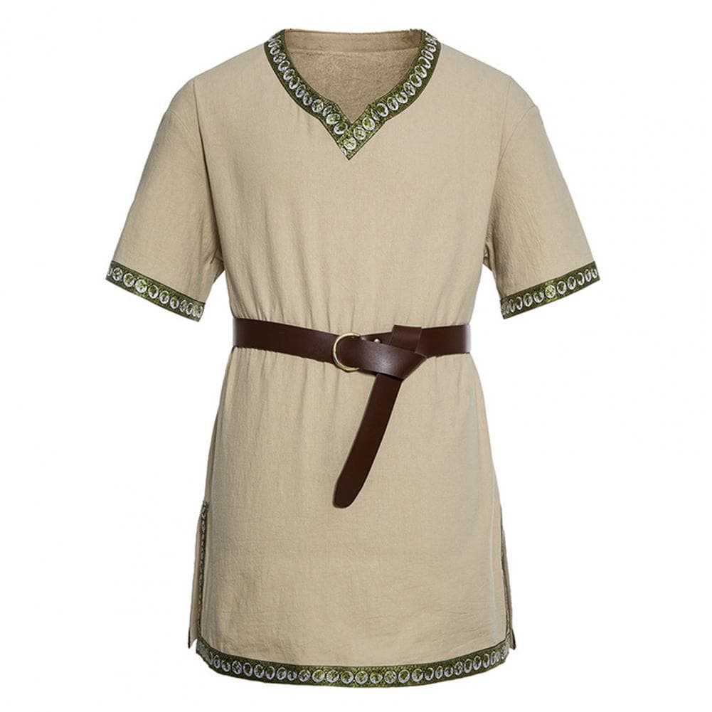 Medieval Viking Tunic Shirt V-Neck Short Sleeves Embroidery Belted Cosplay Stage Renaissance Events Performance Halloween Costum XL khaki
