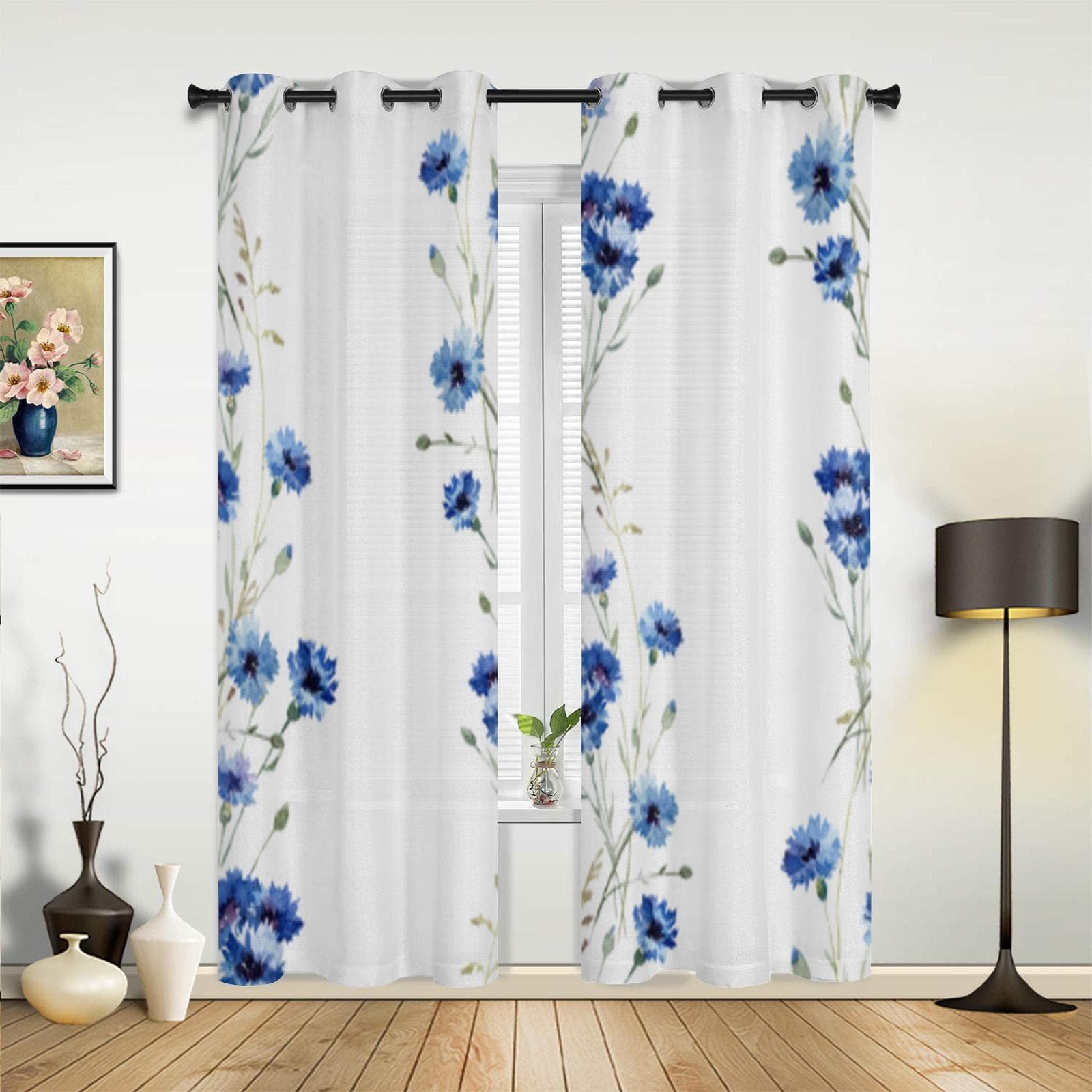 Blue Daisy Flower Window Curtain For Living Room Bedroom Luxury Home Kitchen Decor Items Curtains 135W x 60H(cm)