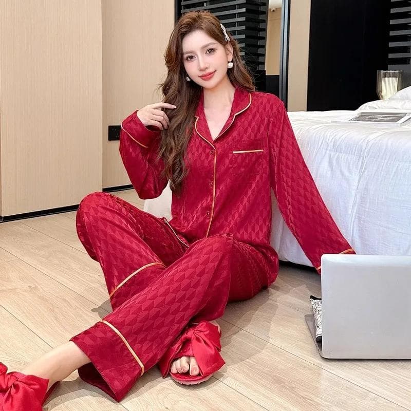 Pajamas Women's Spring and Autumn Ice Silk Long-sleeved Thin High-end Pink Red Black Elegant Spring and Summer Home Clothes Suit XL red