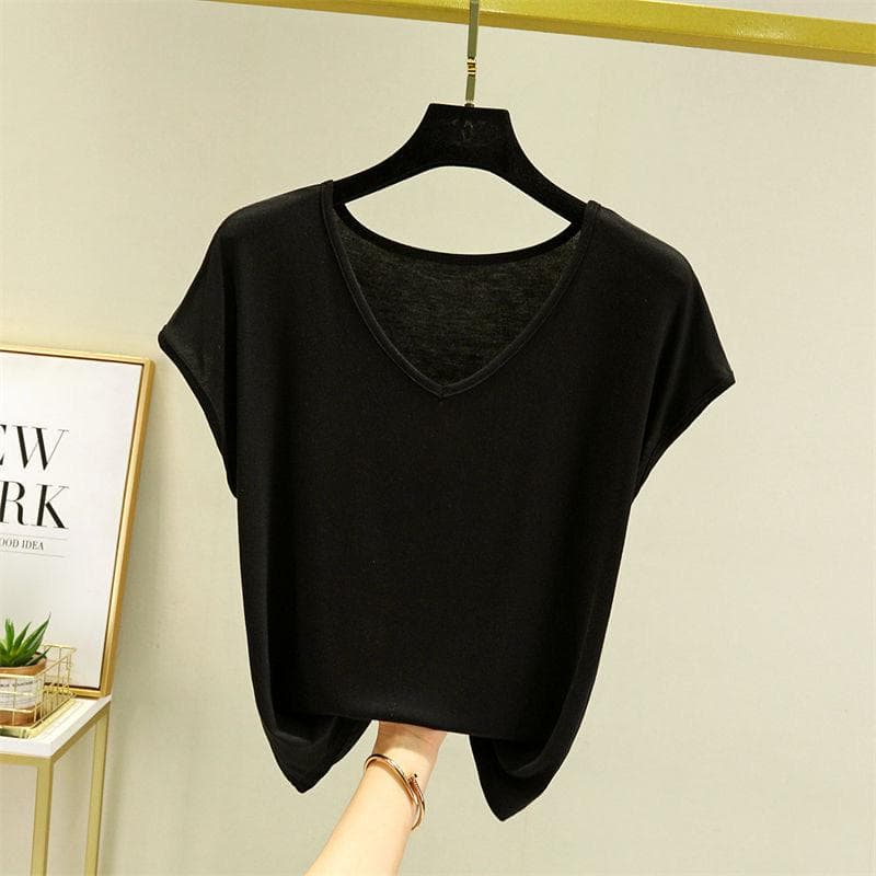 Women Summer Solid V Neck Basic T Shirt Modal Loose Tee Tops Casual Undershirt L black