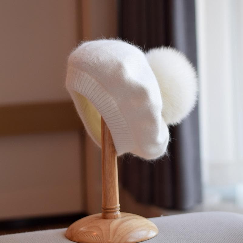 2022 Japanese Angora Rabbit Beret for Women Winter Warm Soft Knit Berets Mink Fox Pom Pom Hat Wool Cap Wholesale 55-60cm