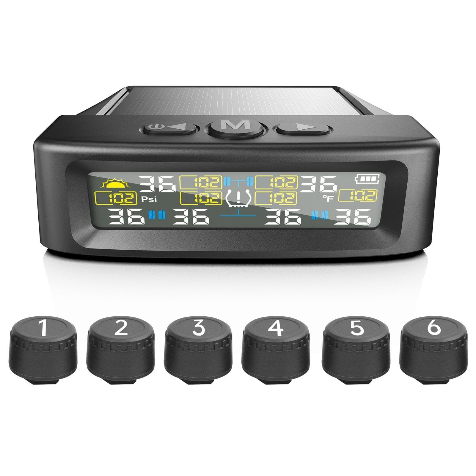 Tire Pressure Monitoring System, Wireless Solar Tire Pressure Monitor with 6 Sensors Prompt Alarm black