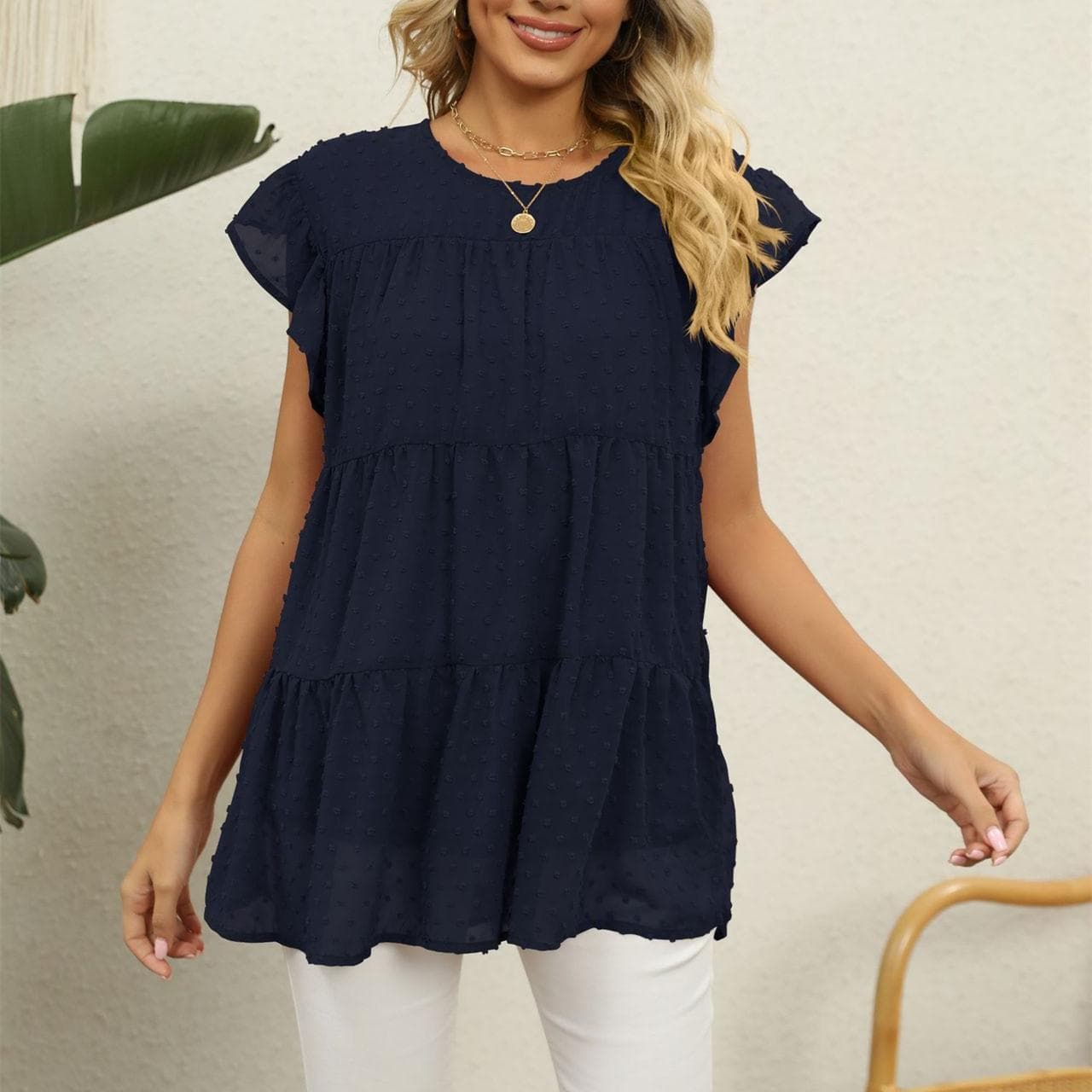HNXC Women's Fashion Casual Summer Solid Color Print Short Sleeve O-Neck Blouses & Shirts XXL navy blue
