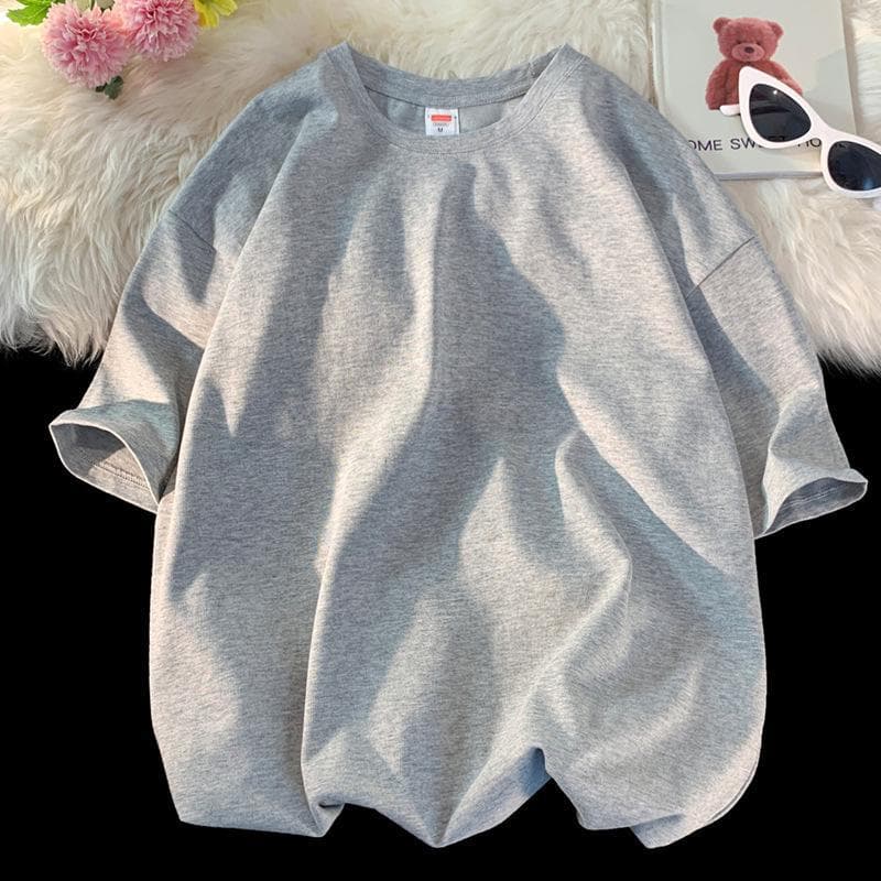 Unisex Heavyweight Pure Cotton White & Black T-Shirt, Large Size, Round Neck, Short Sleeve, Solid Color, Loose Fit. S