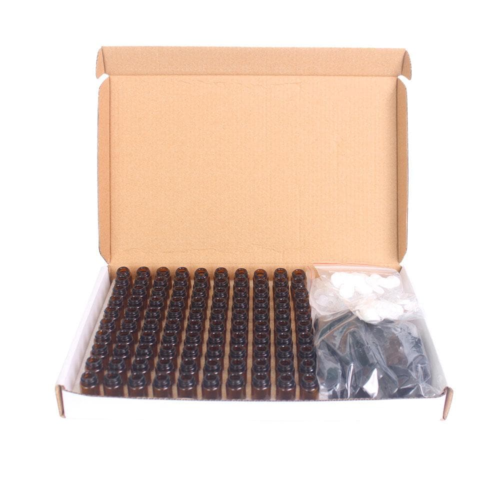 100pcs Amber Glass Bottles for Essential Oils Sample Bottles Refillable Empty Bottle with Black 1ml brown