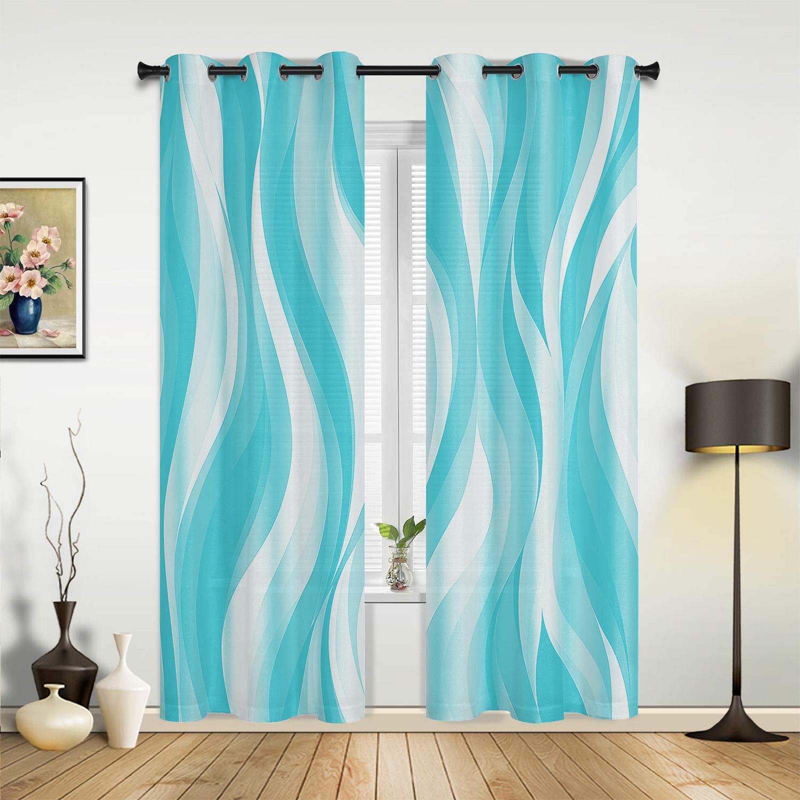Dark Blue Wavy Abstract Lines Curtains for Bedroom Living Room Drapes Kitchen Children's Room Window Curtain Modern Home Decor 135W x 230H(cm) x2