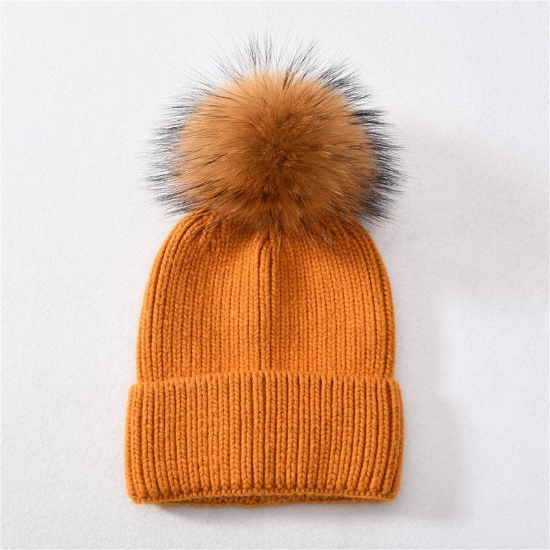 Jaxmonoy Cashmere Knitted Beanie Hat Big Real Raccon Fur Pom Pom Top Beanie High Quality Warm Bonnet Cap Female Hats for Woman