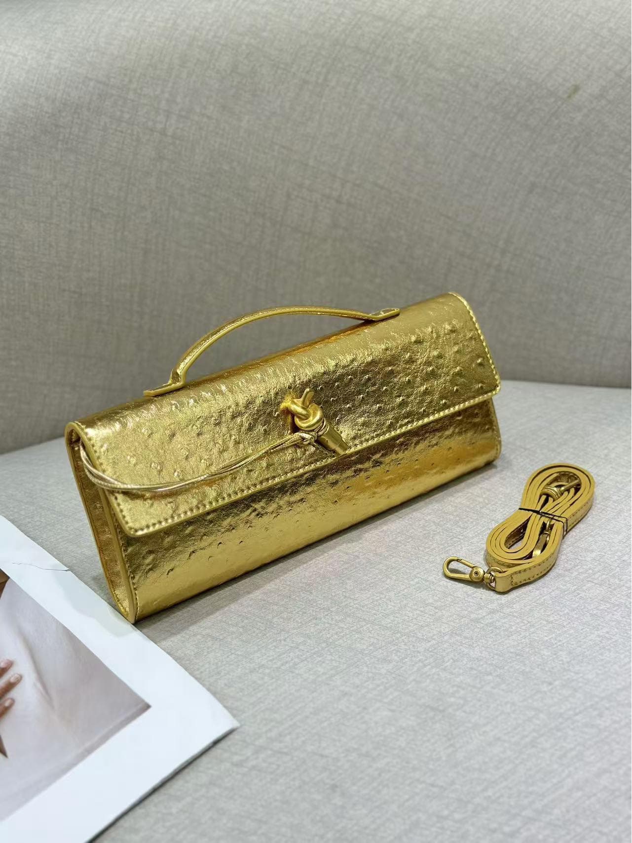 2025 Handmade Ostrich Pattern Baguette Evening Bag - Exquisite Shoulder & Crossbody Handbag Gift Box (Custom Hardware) gold