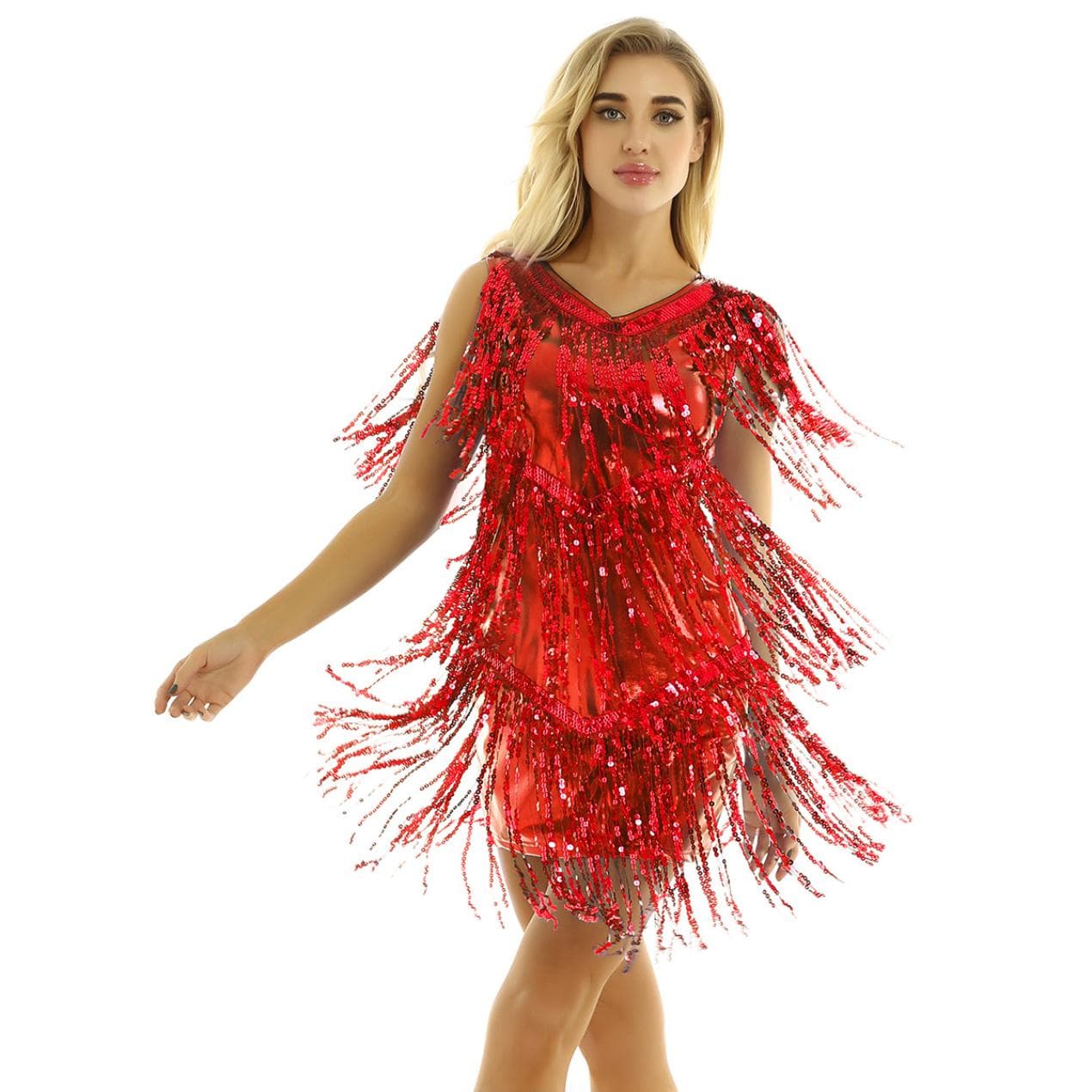 Women's Fancy Dress Dance Costume Cocktail Evening Gown Womens Clothing Summer Dresses Fringe Dresses M red