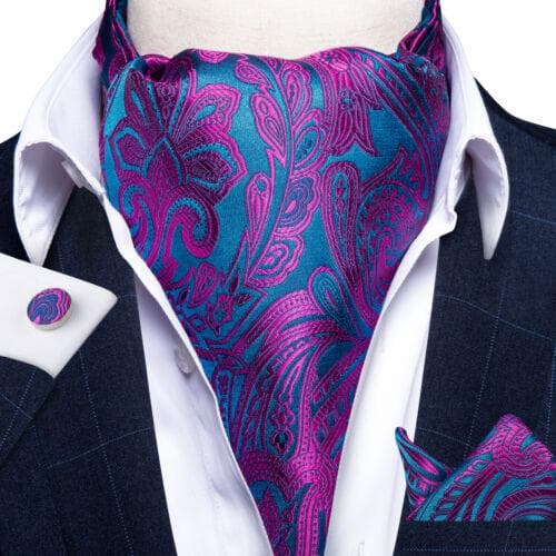Mens Ascot Silk Cravat Blue Paisley Tie Handkerchief Cufflinks Set Formal Party LDAS2003