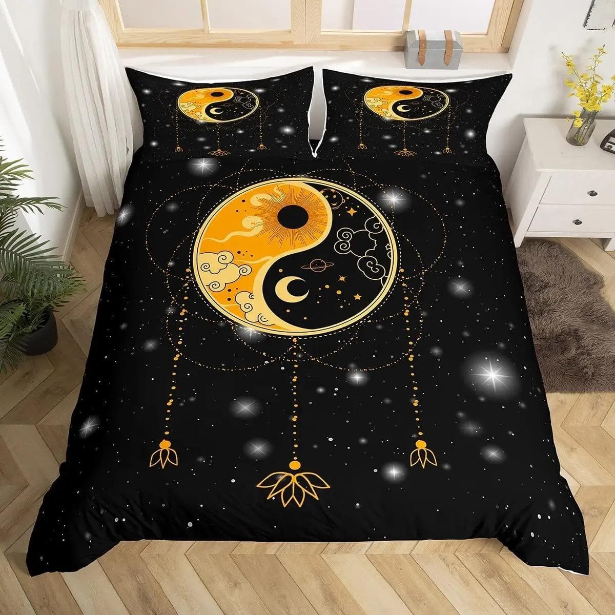 Black And White Duvet Cover Set Bohemian Mandala Bedding Set For Boys Yin And Yang Polyester Comforter Cover King Size EU single(135x200cm)