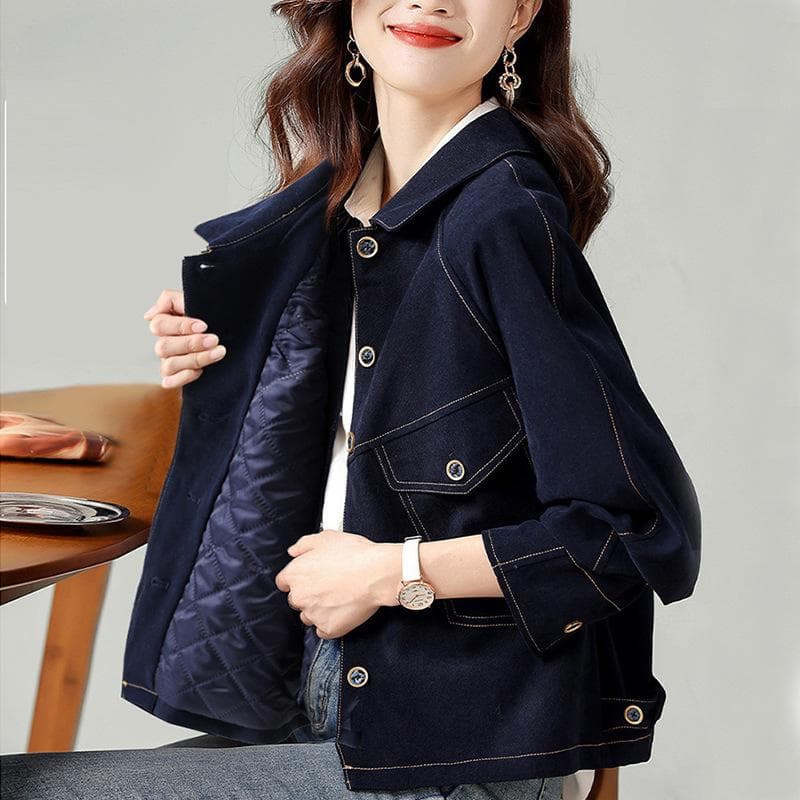 Autumn and Winter Coat Top Fashion Padded Denim Korean Version Versatile and Thin Short Cotton Jacket Women 2XL Dark blue