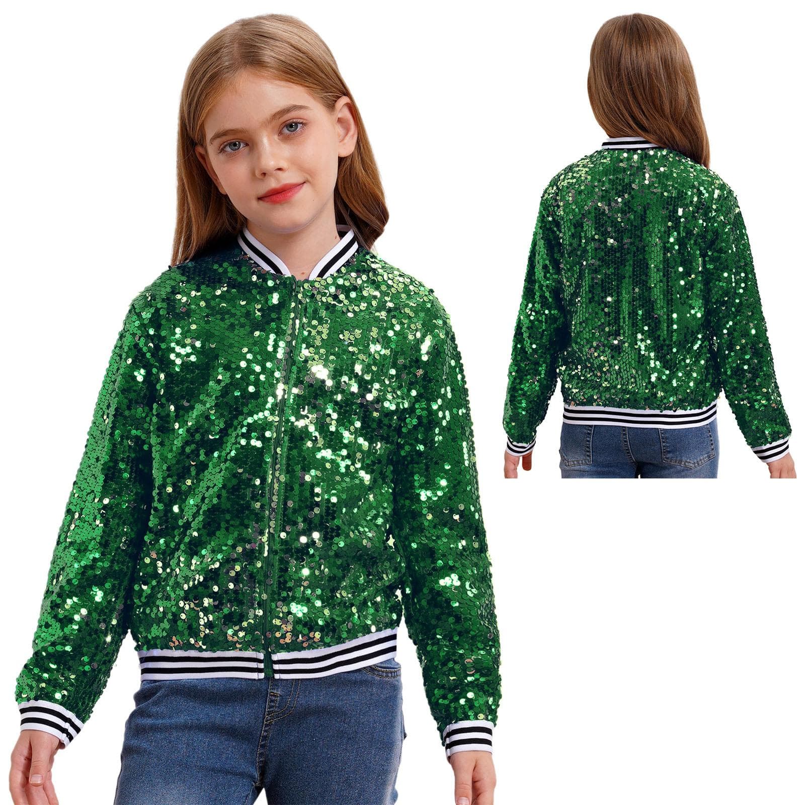 Boys Girls Baseball Jacket Coat Spring Autumn Fashion Sequins Long Sleeve Zipper Outerwear Street Dancing Party Bomber Jackets 13-14 Years green