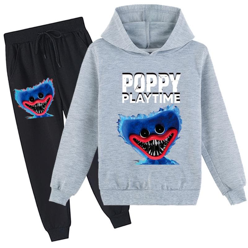 Kids 3D hoodie set Huggy Wuggy pullover tracksuit Poppy Playtime Children Sweater+ Pants 110cm grey