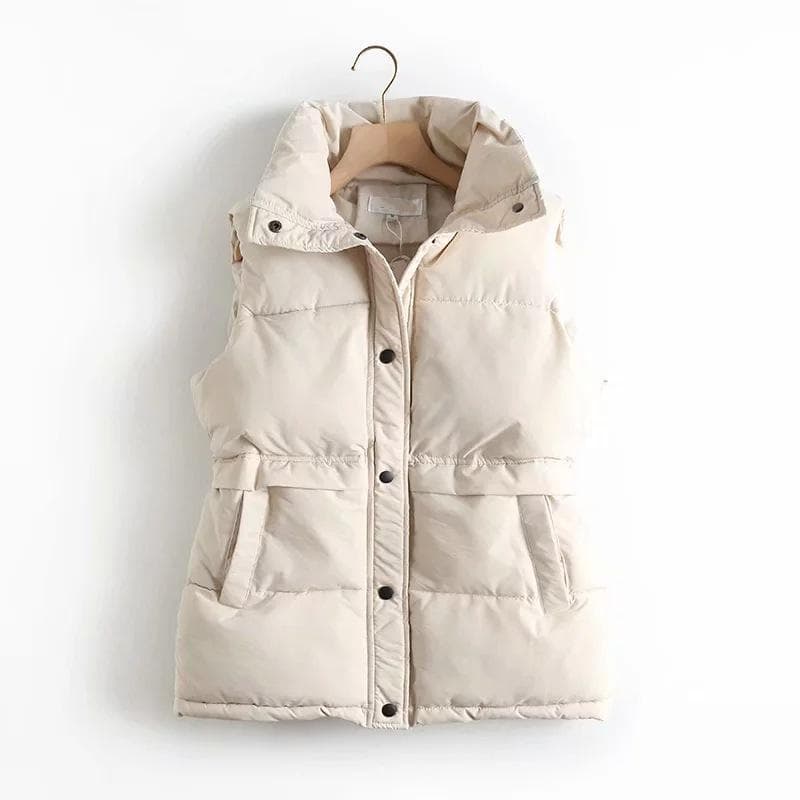 Fall Winter Women Cotton Liner Short Vest Parka Jacket Coat Turn-down Collar Preppy Style Zipper Pockets Drawstring Waist Sleeveless Solid M-5XL XXXL beige