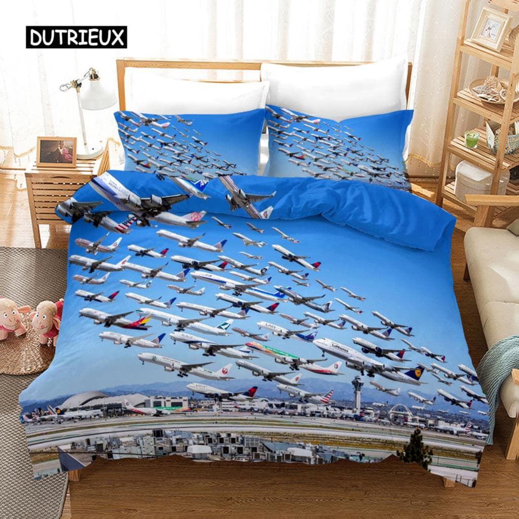 Aircraft Duvet Cover Flying Plane Bedding Set For Kids Boys Girl Polyester Airplane Print Comforter Cover Double Queen King Size EU single(135x200cm)