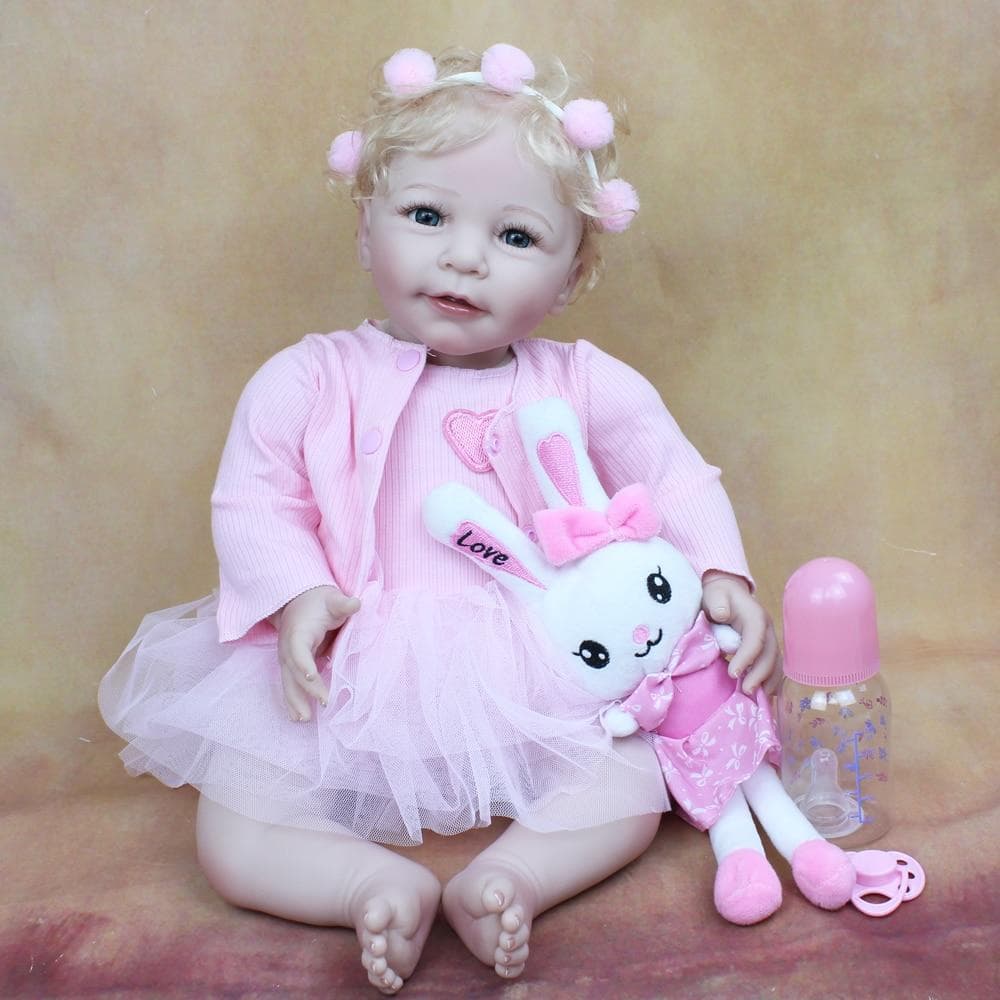 BZDOLL 55 CM Soft Silicone Reborn Baby Lisa Girl Doll Toy Lifelike Cloth Body Realistic 22 Inch Blonde Hair Princess Pink Dress Bebe 55cm Doll