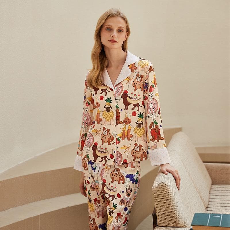Summer New Style Ice Silk Pajamas Women's Long Sleeve Imitation Silk Lapel Home Suit L