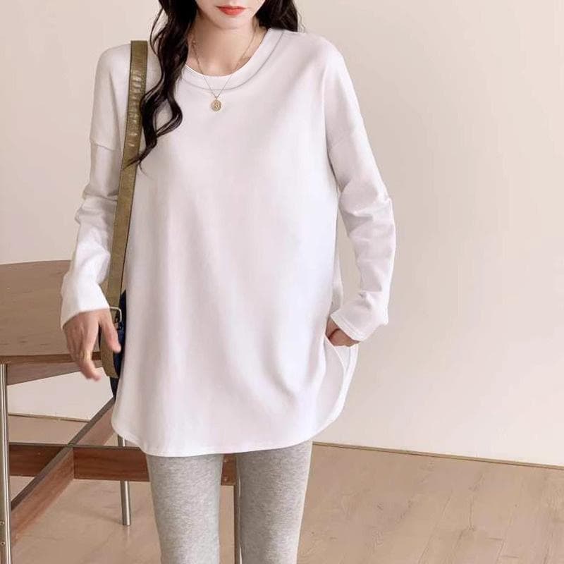 White Long-sleeved T-shirt for Women Early Autumn New Large White Body Mid-length Base Shirt with Shark Pants Top XXL