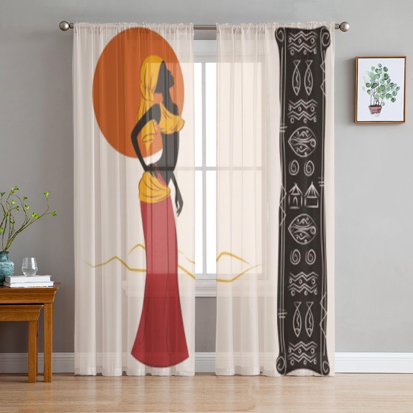 African American Woman Ancient Pattern Tulle Sheer Curtains for Living Room Bedroom Kitchen Decoration Voile Organza Curtains 135W x 114H(cm)