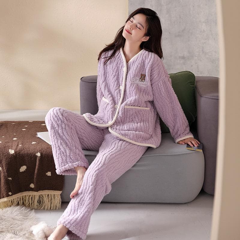 New Women's Pajamas Winter Coral Velvet Cardigan Lapel Thickened Warm Flannel Casual Home Wear Pajamas Set 2XL