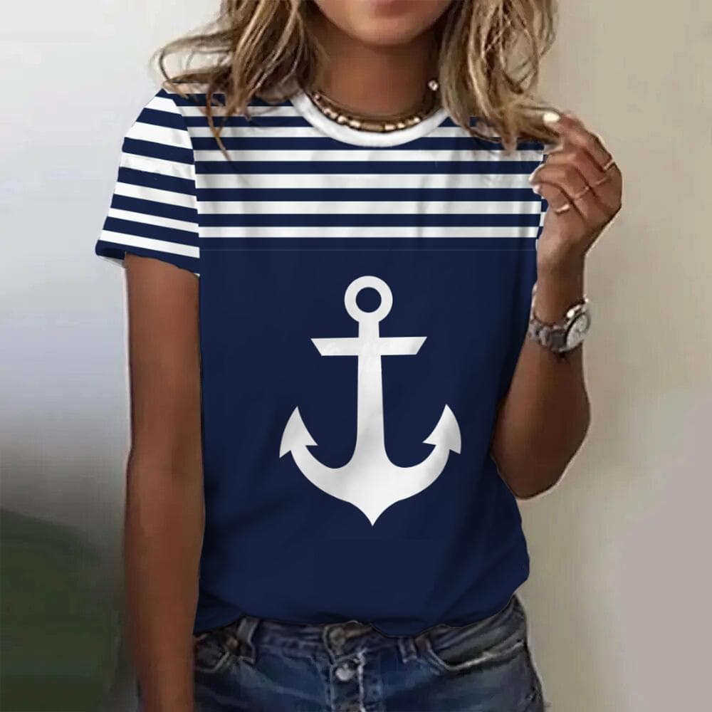 Summer Women T Shirt 3d Print Boat Anchor Print Fashion O Neck Short Sleeve Tees Tops Pullover Women's Casual Loose T-Shirt Y2k Clothing L