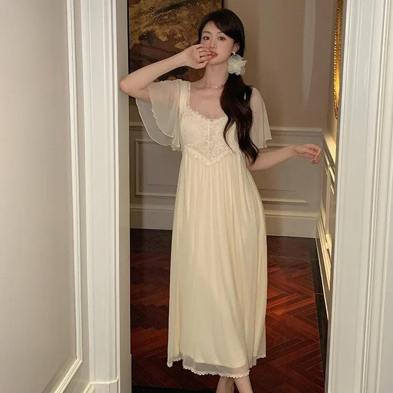 New Arrival Nightgown Princess Style Sweet Summer Style Mesh Women's Short-Sleeved Long Pajamas for Home Dress Outer Wear XL beige