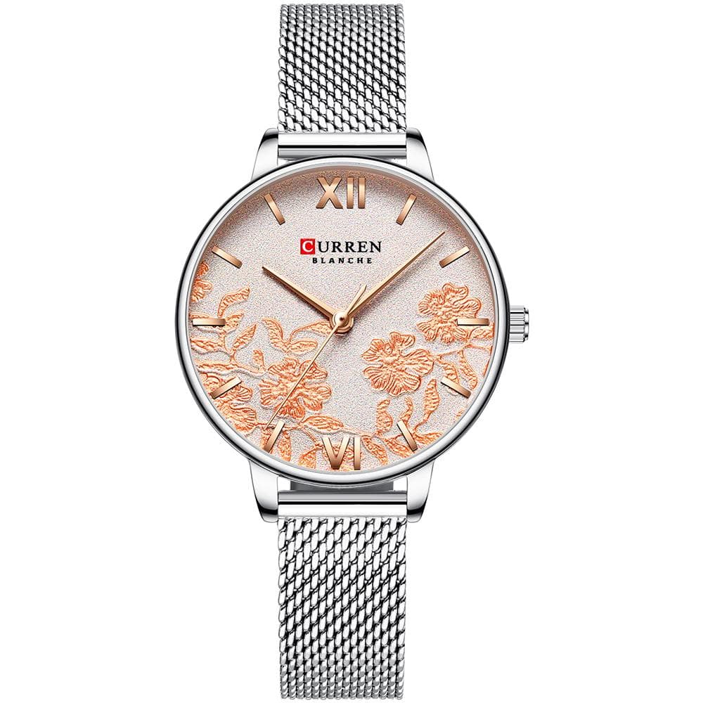 CURREN 9065 Elegant Exquisite Casual Business Quartz Women Watch Sakura Flower Embossed Simple Metal silver