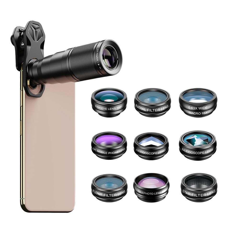 APEXEL 10-in-1 Phone Lens Kit with 22X Telephoto Lens 198 degrees Fisheye Lens Kaleidoscope Lens 0.63X black