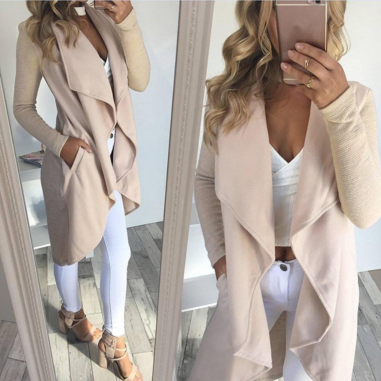 Autumn Women Trenchcoat Solid Cardigan Windbreaker Outerwear Asymmetric Lapel Collar Jacket M ivory