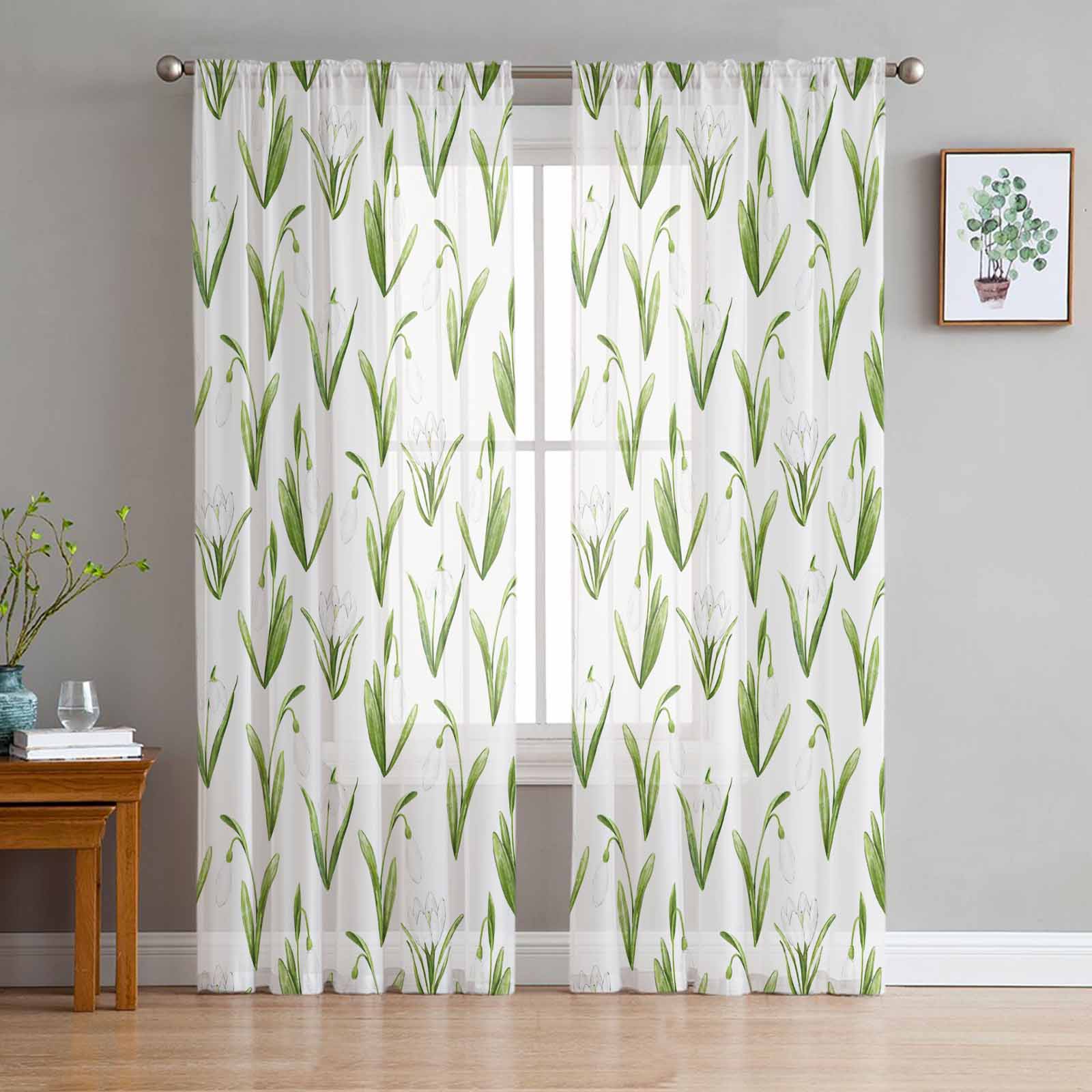 Tulip Flowers And Watercolor Plants Tulle Window Curtains for Bedroom Luxury Home Decor Drapes in Living Room Chiffon Panels 135W x 114H(cm)