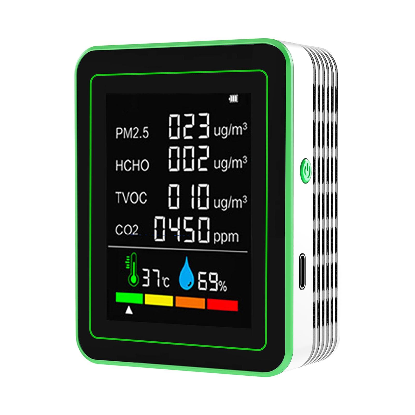 6 In 1 Air Quality Monitor Portable Temperature Humidity PM2.5 HCHO TVOC CO2 Detector Accurate white
