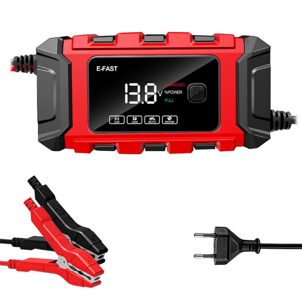 E-FAST Car Battery Chargers 12V/6A Full Automatic Battery Chargers Maintainer Portable Trickle EU Plug red
