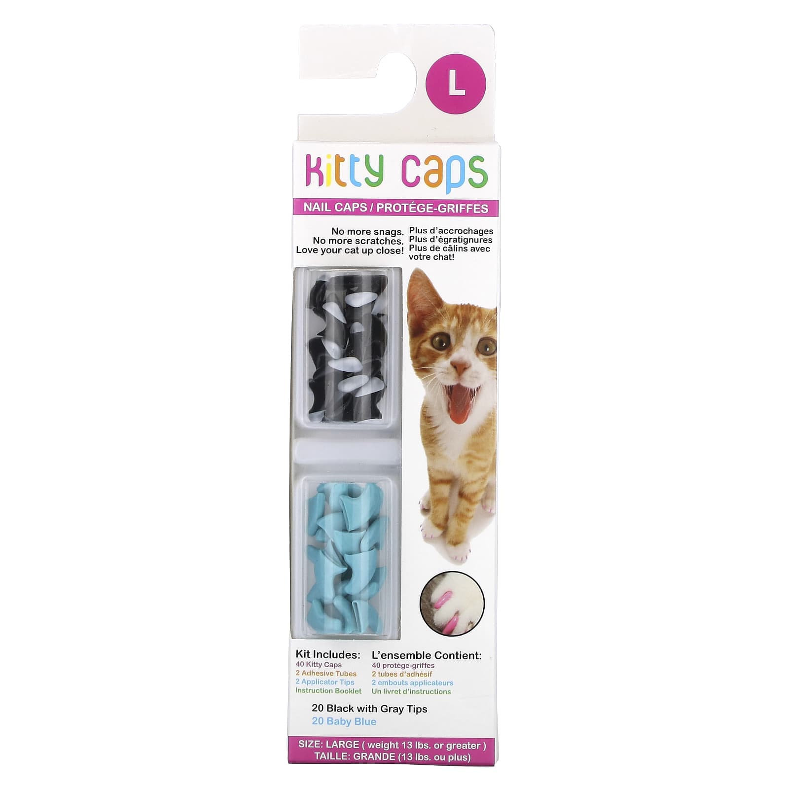 Kitty Caps, Nail Cap Kit, Large, Black and Gray Tips, Baby Blue, 44 Piece Kit