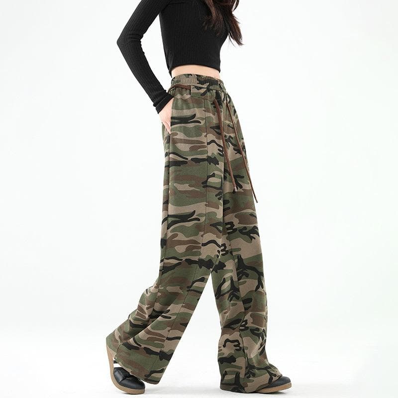 Camouflage Workwear Wide Leg Pants for Women, Fashionable High Waisted Loose Retro Straight Leg Pants XL